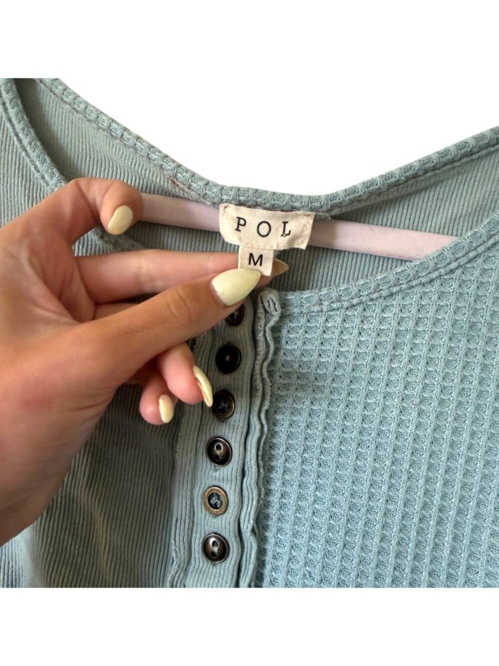 POL Oversized Alexa Pieced Waffle Knit Henley In Dusty Aqua & Sage Med Long Slv - Picture 4 of 5